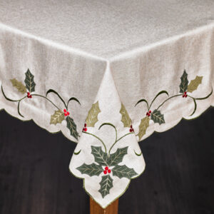 Natural Embroidered Holly Table Cloth