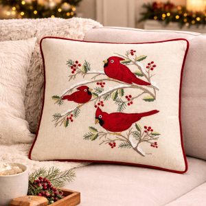 Cardinal Trio Holly Branch Red Velvet 18”SQ